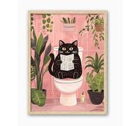 UPWOIGH Beige OAK Framed Wall Art, Black Cat Reading the Newspaper Poster, Wood Canvas Wall Decor,Animals Abstract Prints, 12"x16"High-end Pictures for Bathroom Bedroom,1 Pack