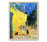 UPWOIGH Beige Oak Wood Framed Canvas Wall Art,30x40CM,3 Black Cats at Vincent Van Gogh's Cafe Terrace at Night,Impressionist Painting,French Cityscape Print,Funny Cat for Kids Room Bathroom,1Pack