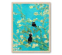 UPWOIGH Beige Oak Wood Framed Canvas Wall Art, 30x40cm Vincent Van Gogh Almond Blossoms Cat Print, 2 Black Cats in the Trees Funny Picture for Kids Room and Bathroom Decor, 1Pack