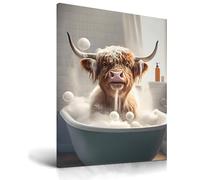 UPWOIGH Funny Bathroom Wall Art Decor,Highland Cow Wall Art, Waterproof Wood Framed Canvas Wall Art Bathing Animals Humor Abstract Prints, 12x16in High-end Pictures for Bedroom Kids Room 1 Pack