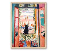 UPWOIGH Natural Oak Beige Wood Framed Canvas Wall Art,12x16in(30x40CM),Henri Matisse The Open Window Black Cat Print Poster, Cute Black animal Picture, Funny Cat Art for Kids Room Bathroom, 1Pack Gift
