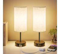 UPXNBOR Bedside Lamps Set of 2, Table Lamp for Bedroom/Living Room/Study Room/Office with USB C Ports, Reading Light, Desk Lamp, 1.5m Cable, Linen Fabric Shade, Black Metal Base (E27 Bulb Incl.)