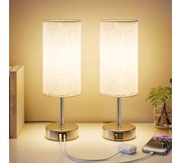 UPXNBOR Bedside Lamps Set of 2, Table Lamp for Bedroom/Living Room/Study Room/Office with USB C Ports, Reading Light, Desk Lamp, 1.5m Cable, Linen Fabric Shade, Silver Metal Base (E27 Bulb Incl.)