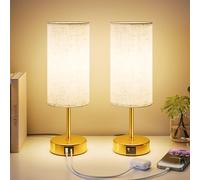 UPXNBOR Bedside Lamps Set of 2, Table Lamp for Bedroom/Living Room/Study Room/Office with USB C Ports, Reading Light, Desk Lamp, 1.5m Cable, Linen Fabric Shade, Gold Metal Base (E27 Bulb Incl.)