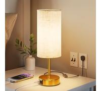 UPXNBOR Bedside Lamps, Table Lamp for Bedroom/Living Room/Study Room/Office with USB C Charging Ports, Reading Light, Desk Lamp, 1.5m Cable, Linen Fabric Shade, Gold Metal Base (E27 Bulb Incl.)