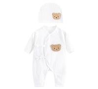 Uqezagpa Breathable Newborn Bear Jumpsuit Hospital Hat Spring Outfit Long Sleeves Bodysuits for Baby Girls Boys Unisex Coveralls Baby Romper for Newborn