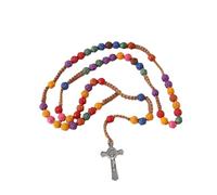 Uqezagpa Catholic Colorful Flower Beads Rosary Necklace with Crosses Pendant Religious Chain for Prayer Jewelry and Daily