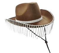 Uqezagpa Cowgirl Hat For Adult Cowboy Hat With Rhinestones Fringe Rave Hats Fit Most Women For Theme Party Brown Cowboy With Rhinestones Fringe Cowgirl Costume Women Adult Girls To Wear Western Party