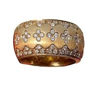 Uqezagpa Four Leaf Clovers Zircon Embellished Gold Tone Rings Sparkling Diamonds Accent Wide Band Stylish Banquet Accessories Elegant Stretch Crystal Cluster