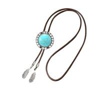 Uqezagpa Men's Rodeos Western Faux Leather Cord Bolotie Antique Floral Stone Jewelry Necktie Necklace with Feathered