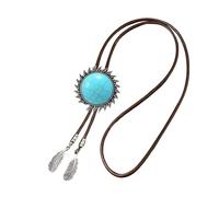 Uqezagpa Men's Rodeos Western Faux Leather Cord Bolotie Antique Floral Stone Jewelry Necktie Necklace with Feathered