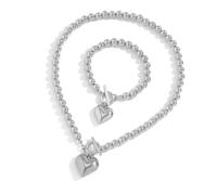 Uqezagpa Simple Gold Color Ball Bead Chain Necklace Bracelet Heart Pendant Jewelry Set Elegant Beaded Accessory