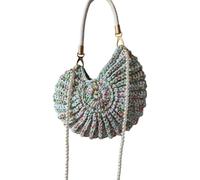 Uqezagpa Stylish Shell-Embellished Crossbody Bag Handwoven Pearls Chain & Candy Colored Lightweight Polyester Design Portable Candy Tone Handbag