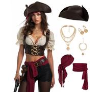UQJE 7 Pcs Authentic Brown Pirate Hat for Women Adult Leather Tricorn Hat Halloween Colonial Costume Accessory