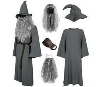 UQJE Deluxe 5 Pcs Wizard Costume for Adults Grey Wizard Robe with Wizards Hat, Belt, Wig & Beard Halloween Costumes For Men, Gray, 2XL-3XL