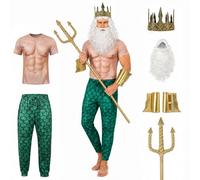 UQJE Men’s Poseidon Costume Set, Sea God Outfit with Muscle Shirt, Scale Pants, Crown, Trident, Wig Beard for Halloween, New Green, Large