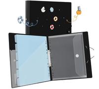 Uquelic A4 Ring Binder Organiser with 6 Punched Slash Pockets (Blue) and 1 Popper Wallet - Folders for Paperwork A4, Folder Organiser for Home Office - Black Cover with Ocean-Themed Charms