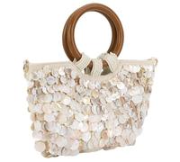 UQVUFIYJ New handcrafted natural shell bag fairy-style handheld women's bag unique and trendy Shell Beaded Clutch Purse Wooden Handle Luxury Handmade Top Handle Bag Handmade Evening Handbag