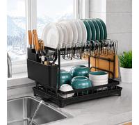 UR CHOICE 2-Tier Dish Drainer Rack with Drip Tray - Rustproof Metal Dish Drying Rack for Kitchen Counter, Plate Rack with Cutlery Holder, Space-Saving Washing Up Rack, Black, 44 x 30.5 x 32 cm