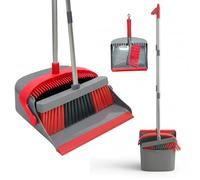 UR CHOICE Long Handled Dustpan and Brush Set, Standing Broom with Tall Dustpan, Soft Bristle Sweeping Brush, Clip On Storage, Space Saving Upright Cleaning Set, Red Grey