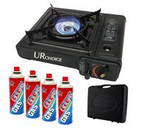 UR CHOICE Portable Black Camping Gas Stove with Cary Case & 4 Butane Gas | Heat Control | Single Burner | Ideal For Outdoor Camping, Caravan & BBQ, Gatherings, Parties, Cooking.