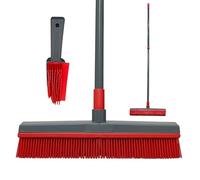 UR CHOICE Rubber Broom Pet Hair Remover Set, Extendable Long Handle Carpet Rake with Squeegee Edge and Rubber Hand Brush, Fur Remover for Carpets Rugs Hard Floors Windows and Car, Grey Red