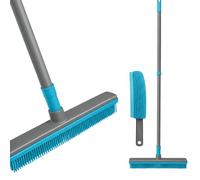 UR CHOICE Rubber Broom Pet Hair Remover Set, Extendable Long Handle Carpet Rake with Squeegee Edge and Rubber Hand Brush, Fur Remover for Carpets Rugs Hard Floors Windows and Car, Grey Teal