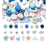 UR URLIFEHALL 100 Pcs Ocean Themed Beads Spray Painted Wooden Beads Round Sea Animal Shaped Beads for Jewellery Summer Crafts Home Hanging Decor