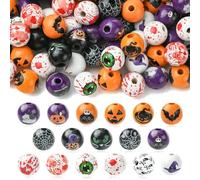 UR URLIFEHALL 100 pcs Random Halloween Wood Beads Colorful Pumpkin Cat Spider Web Round Wooden Beads for DIY Room Party Decor Indoor Tiered Tray