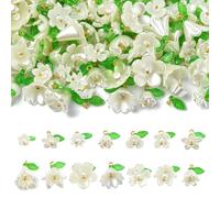 UR URLIFEHALL 140 Pcs White Flower Charms Imitation Pearl Beads with Leaf Floral Dangle Charms for Jewellery Making DIY Crafts Earrings
