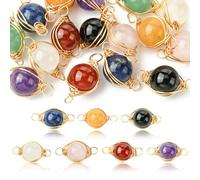UR URLIFEHALL 16 Pcs 8 Styles Round Gemstone Connector Charms Wire Wrapped Stones Charms Links Double Hole Pendant for Jewellery Making Crafts
