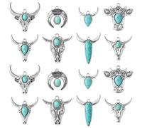 UR URLIFEHALL 16 pcs 8 Styles Synthetic Turquoise Charms Antique Silver Cow Cattle Head Charms Vintage Western Charms for DIY Bracelet Necklace Jewelry Making
