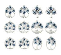 UR URLIFEHALL 18 Pcs 6 Styles Antique Silver Tree of Life Charms with Evil Eye Beads Flat Round Tree Charms for Jewellery Making DIY Crafts