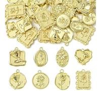 UR URLIFEHALL 40 Pcs 8 Styles Baroque Style Golden Flat Round Heart Shaped Charms with Flower Charms for Jewellery Making DIY Crafts Necklace