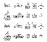 UR URLIFEHALL 50 Pcs 10 Styles Tibetan Travel Theme Charms Antique Silver Camera Airplane Motorbike Earth Charms for Bracelet Necklace Jewelry Making