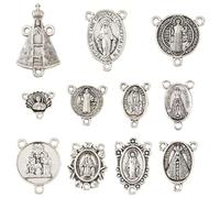 UR URLIFEHALL 55 pcs 11 Styles Tibetan Virgin Mary Chandelier Component Links Antique Silver 3-Loop Religious Connector Charms for Jewelry Making Bulk