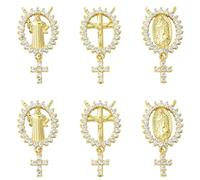 UR URLIFEHALL 6 Pcs 3 Styles Cubic Zirconia Religious Charms Real 18K Gold Plated Jesus Cross Charms for Jewellery Making DIY Lucky Crafts