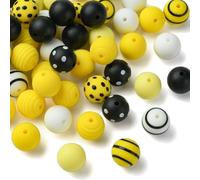 UR URLIFEHALL 70 Pcs Bee Themed Silicone Beads 15mm Round Silicone Rubber Loose Beads for Jewellery Making Crafts Bagchain Lanyards Garden Decor