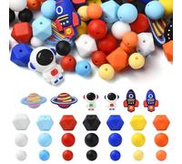 UR URLIFEHALL 70 Pcs Space Themed Silicone Beads Astronaut Rocket Planet Hexagon Round Rubber Beads for Jewellery Making Keychain Crafts