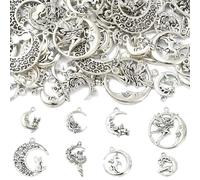UR URLIFEHALL 80 pcs 8 Styles Antique Silver Moon Charms Tibetan Fairy Tale Pendants Vintage Cat Angel Unicorn Charms for Jewelry Making Bulk
