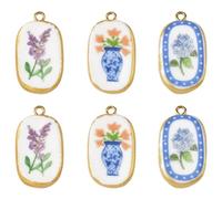 UR URLIFEHALL Handmade Printed Porcelain Oval Flower Charms, 6Pcs, 3 Colors | Floral Ceramic Pendants, with Golden Stainless Steel Loop, for DIY Jewelry Making, Earrings, Necklaces, Bracelets