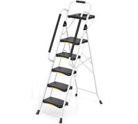 Urackify 5 Step Ladder with Tool Tray, Folding Steel Step Stool with Safety Lock & Handrail, Anti-Slip Wide Pedals, 150 kg Load Capacity, Portable Ladder for Kitchen, Office, Home