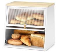 Urackify Large Bread Bin for Kitchen Storage - White Bread Box | Bread Storage Containers | Breadbin with Striped Window, Wood Handle & Removable Layers | Biscuits & Pantry Items
