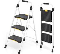 Urackify Step Ladder, 3 Steps, Folding Steel Step Stool with Safety Lock & Handrail, Anti-Slip Wide Pedals, 150 kg Load Capacity, Portable Ladder for Kitchen, Office, Home