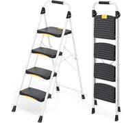 Urackify Step Ladder, 4 Steps, Folding Steel Step Stool with Safety Lock & Handrail, Anti-Slip Wide Pedals, 150 kg Load Capacity, Portable Ladder for Kitchen, Office, Home
