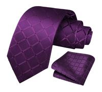 URAQT 3.15" Solid Color Tie Classic Plaid Jacquard Tie and Pocket Square Set for Men, Formal Satin Necktie for Wedding, Business & Office, Dark Purple