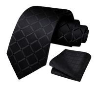 URAQT 3.15" Solid Color Tie Classic Plaid Jacquard Tie and Pocket Square Set for Men, Formal Satin Necktie for Wedding, Business & Office, Black