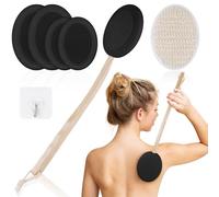 URAQT Back Cream Applicator, 7 Pack Black Lotion Applicator for Back, Long Wooden Handle Back Applicator with 4 Pads, Bath Brush and Hook 2 in 1 Body Brush Scrubber for Self Application and Shower