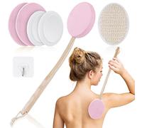 URAQT Back Cream Applicator, 7 Pack Lotion Applicator for Back, 2 in 1 Body Brush Back Scrubber for Self Application and Shower, Long Wooden Handle Back Applicator with 4 Pads, Bath Brush, Hook