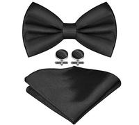 URAQT Black Men's Bow Tie Set, Solid Color Pre-Tied Bow Tie and Pocket Square Cufflink Set for Men, Satin Tux Bowtie & Handkerchief, Adjustable Formal Neck Bowtie for Parties, Wedding